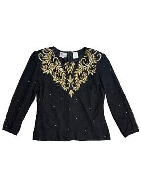 VTG 100% Silk Blouse Beaded Sequin 80s Patchouli Black Women's Small Made India